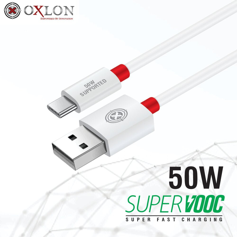 OXLON USB A to Type C Fast Charging Data Cable 50W 1M - White